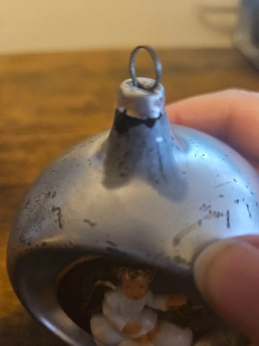 RARE Vintage Mercury Glass Round West Germany Diorama Angel & Moon Ornament